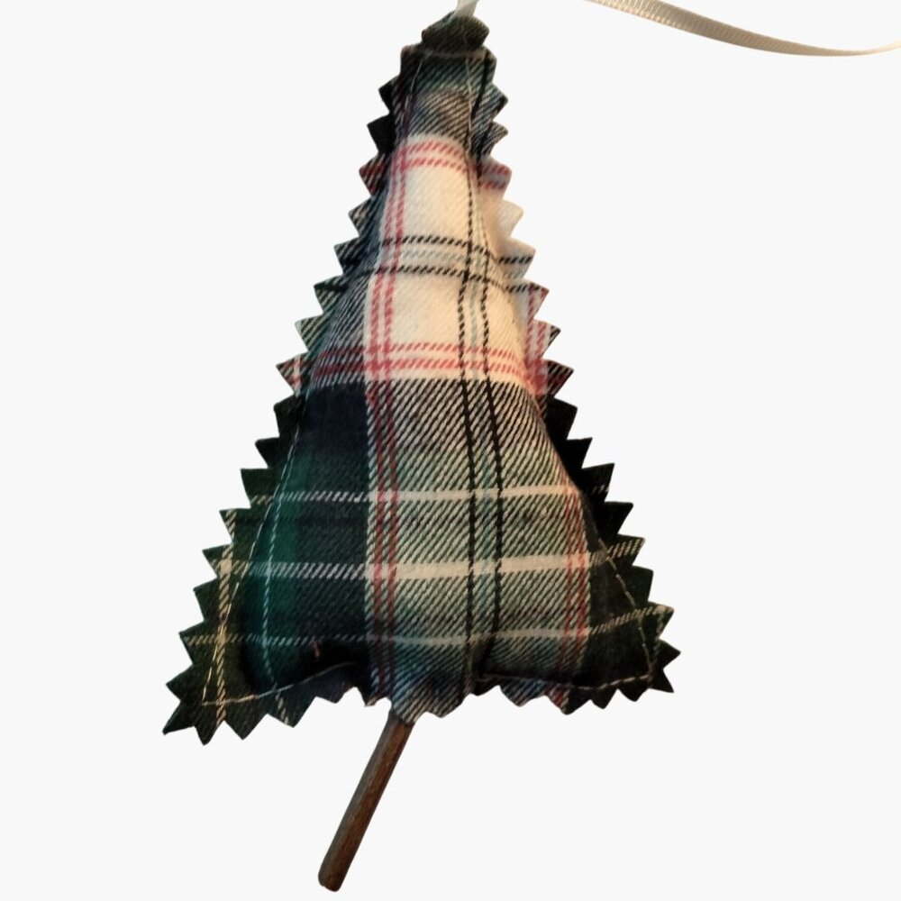 Plaid Christmas Tree Ornament white Black Fabric Ribbon Hanger Rustic Cabin